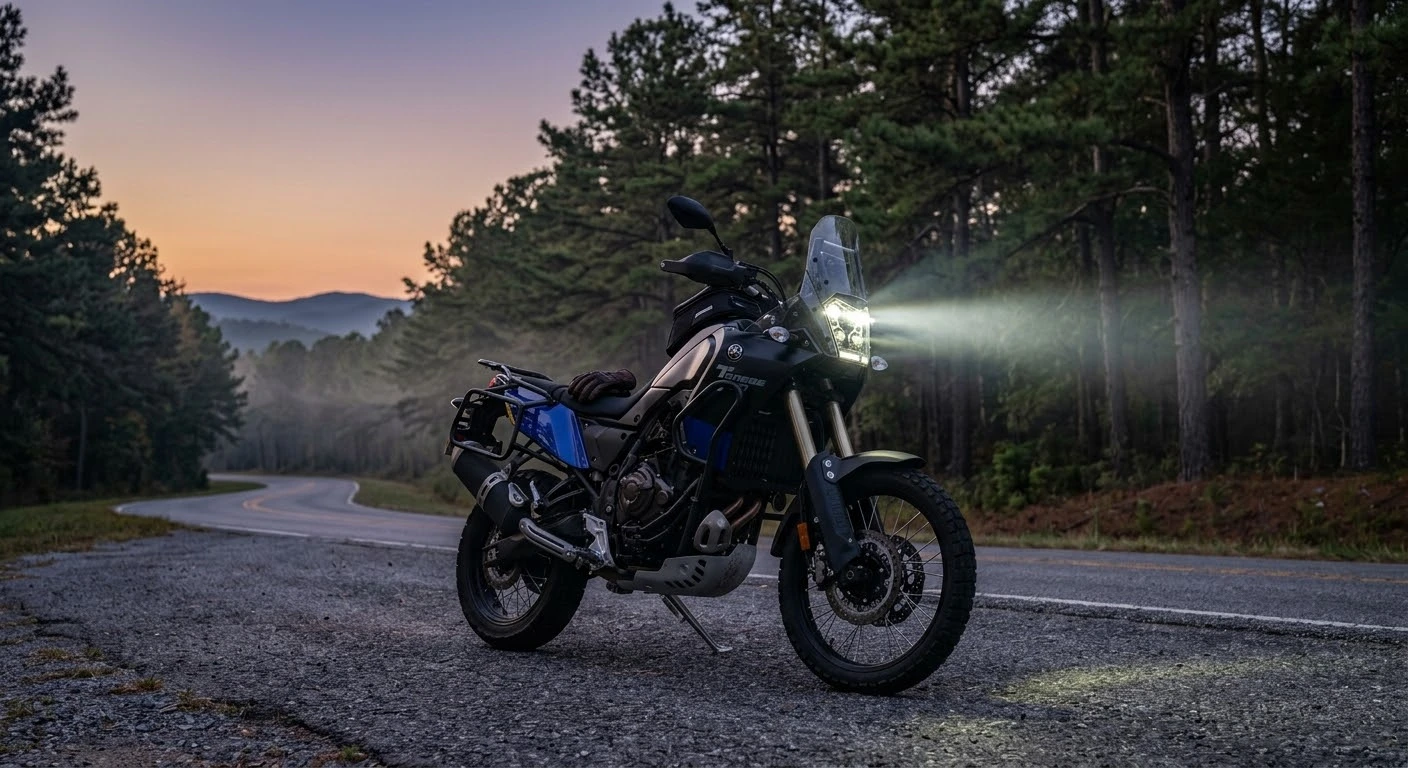 Avoiding deer collisions motorcycle safety in rural Virginia showing an adventure motorcycle parked along a quiet backroad at dusk.