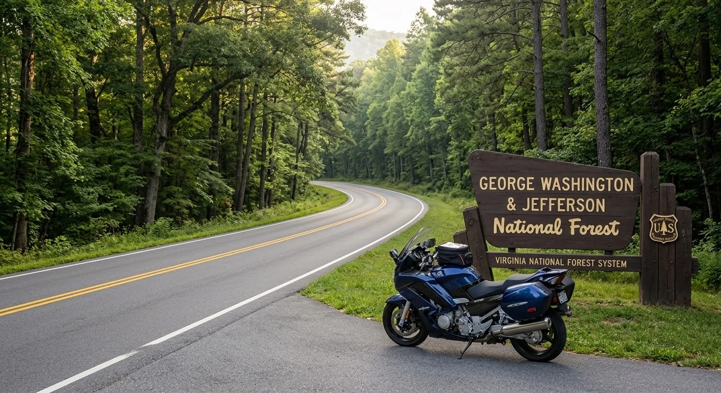 George Washington Jefferson National Forest motorcycle routes showing a national forest entrance sign beside a scenic curving mountain road in Virginia.