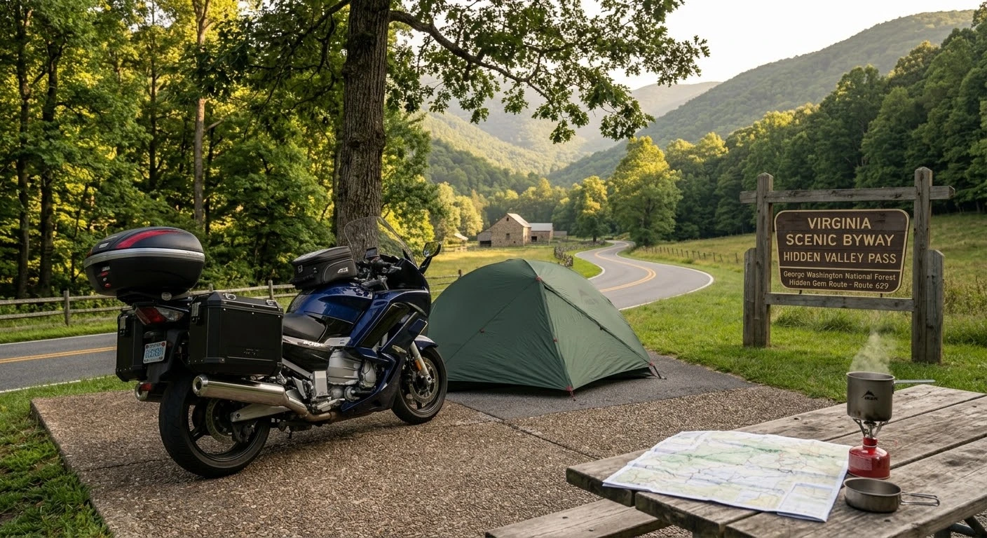Motorcycle camping in Virginia top campsites and route planning showing a tent and adventure bike at a forest campsite.