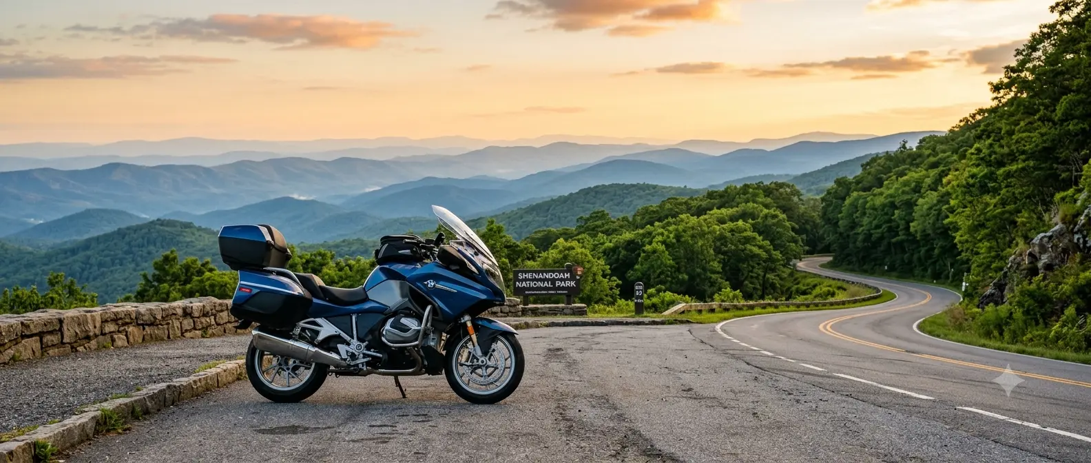 An adventure touring motorcycle parked next to a dome tent at a forest campsite for motorcycle camping spots in Virginia.