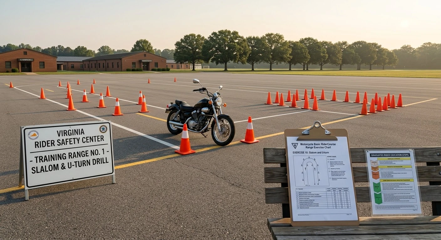 Motorcycle safety courses in Virginia what to expect showing a training range with orange cones and a parked motorcycle.