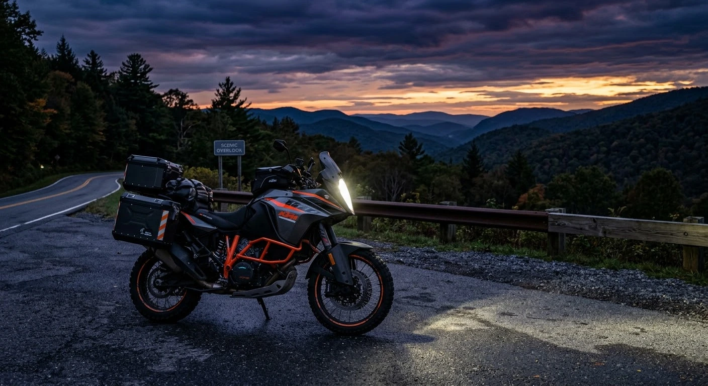 Riding at night visibility and safety tips for motorcyclists featuring an adventure bike LED headlight on a quiet Virginia road at dusk.