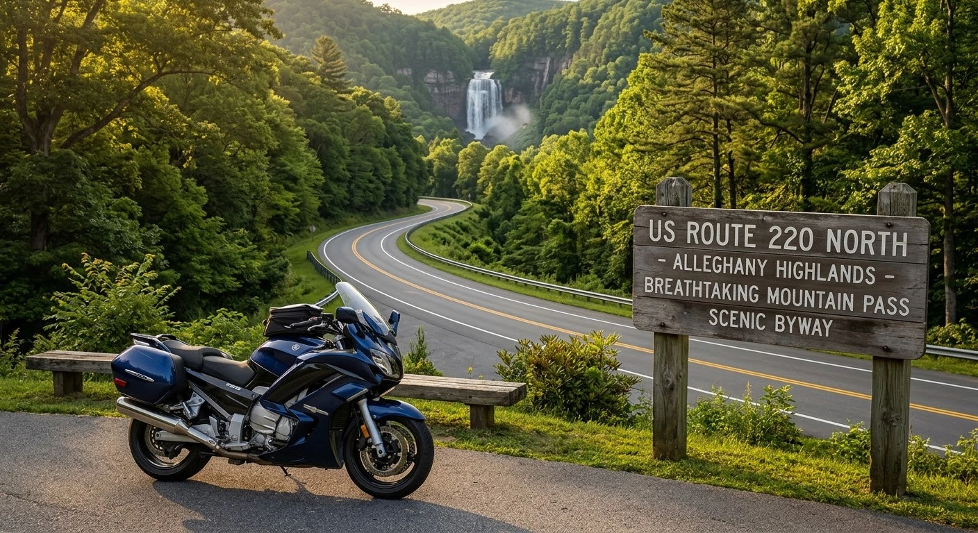 Riding Route 220 through the Alleghany Highlands showing a US Route 220 sign beside a scenic mountain highway in Virginia.