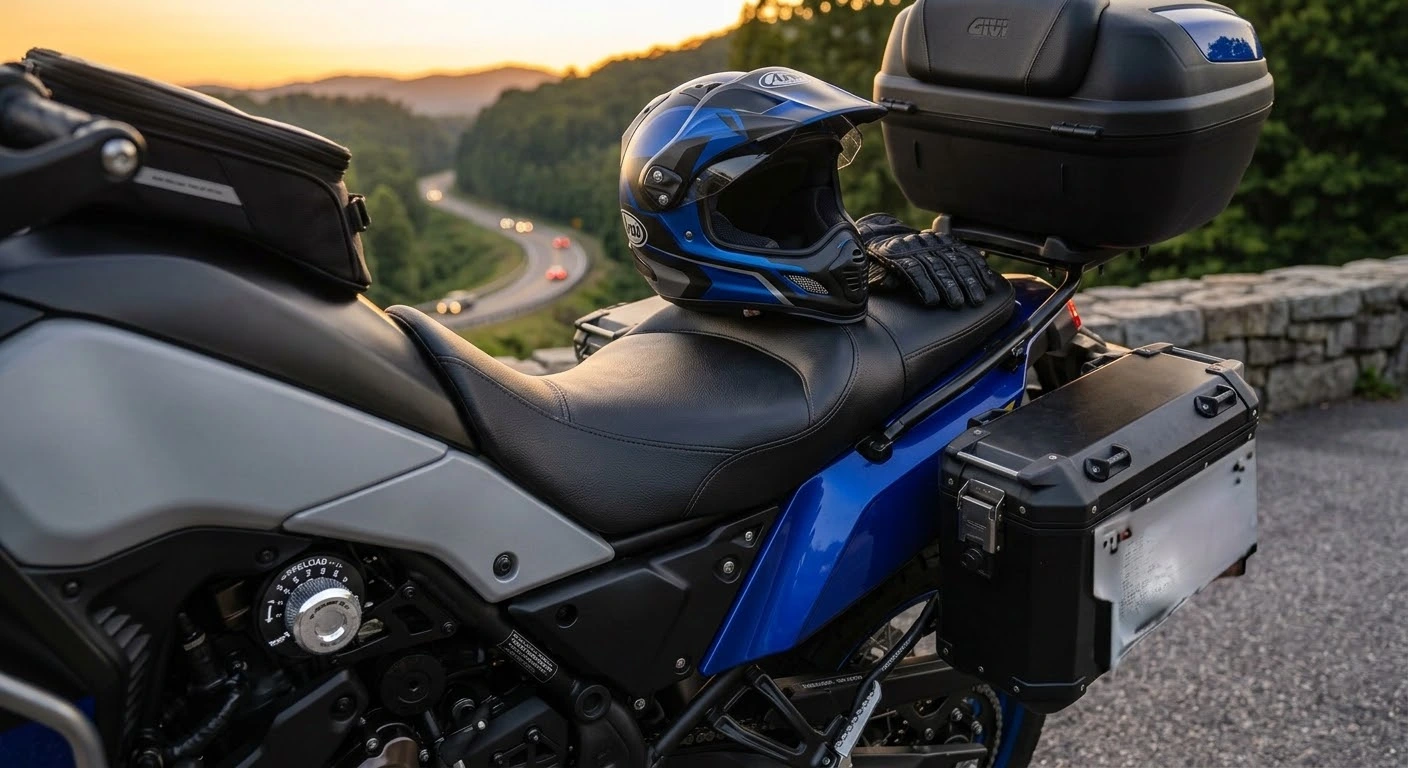 Riding with a passenger what every rider should know showing a motorcycle prepared with a passenger seat, deployed footpegs, and rear suspension setup.