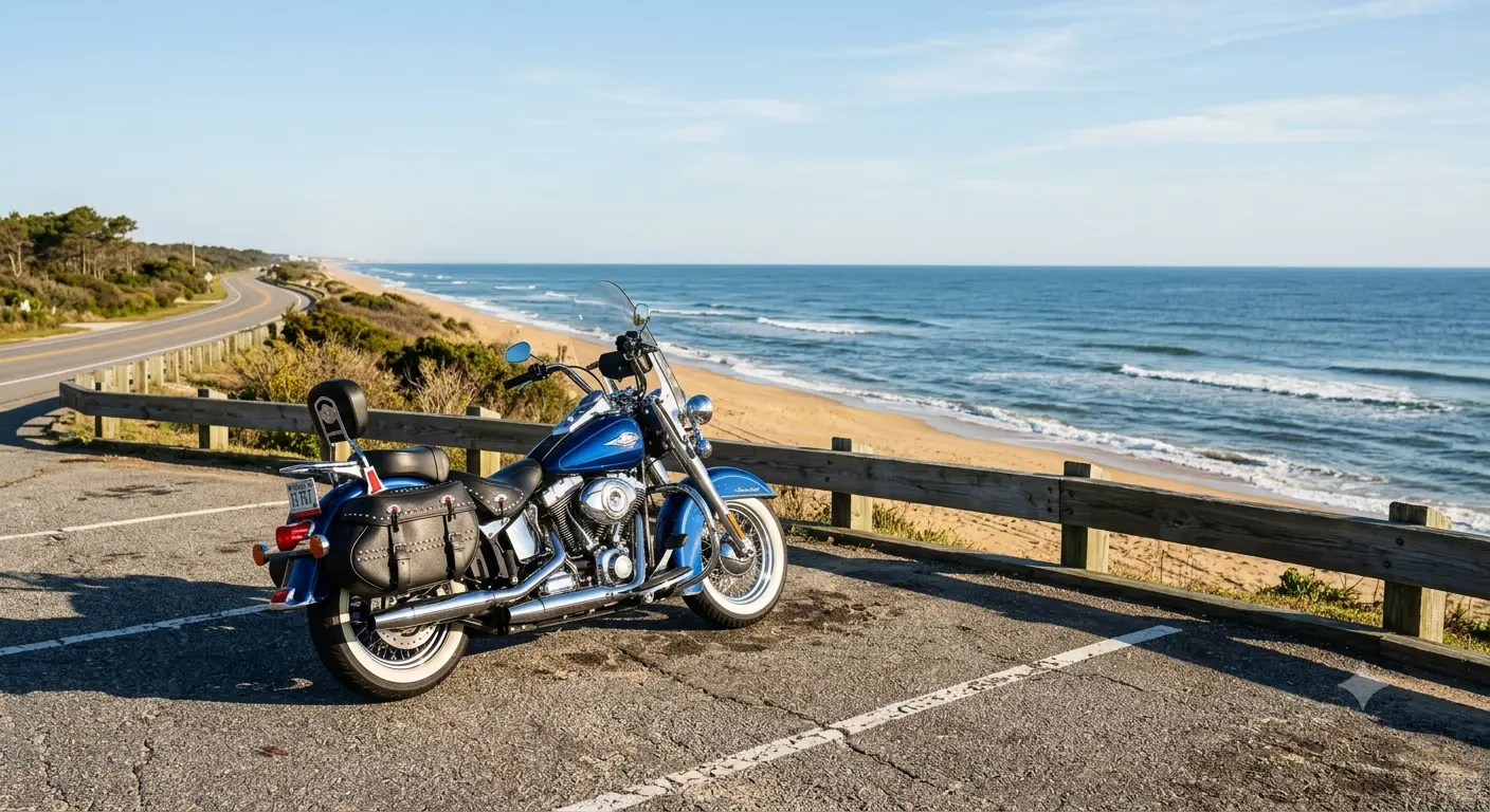 A cruiser motorcycle parked at an oceanfront scenic overlook along Virginia Beach coastal motorcycle rides.