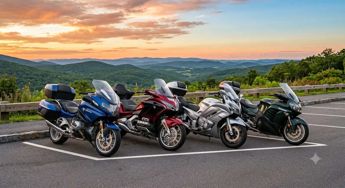 Touring motorcycles parked in a line at a scenic staging area for Virginia motorcycle group rides and events.