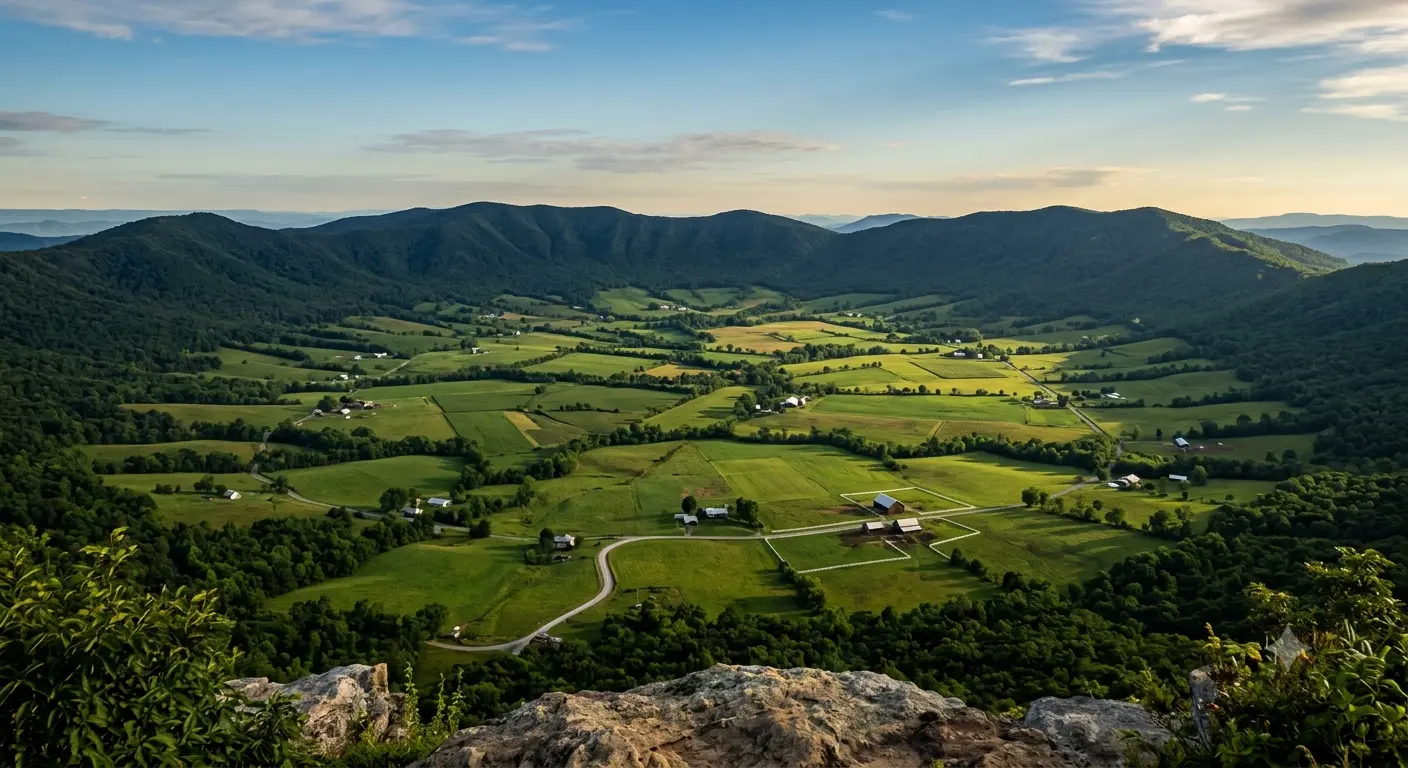 Burkes Garden and Tazewell County motorcycle loop guide showing a winding road descending into the agricultural basin in Virginia.