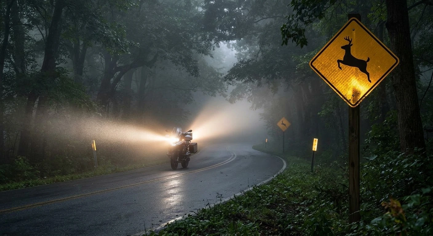 Deer collision avoidance guide for Virginia motorcyclists showing a scenic mountain road with a deer warning sign in early morning fog.