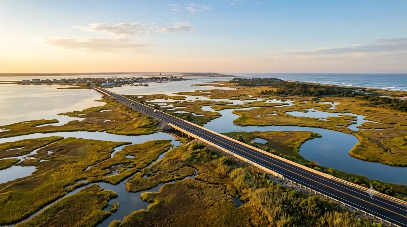 Eastern Shore & Assateague motorcycle ride guide showing a scenic causeway highway crossing tidal marshes toward Chincoteague Island Virginia.