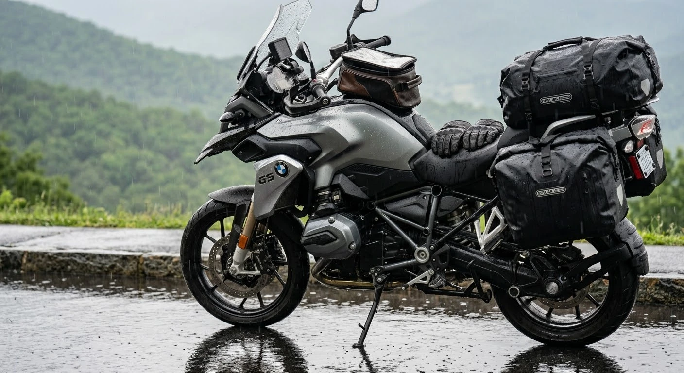 Essential rain gear and wet-weather riding tips for motorcyclists showing a touring motorcycle on wet asphalt.