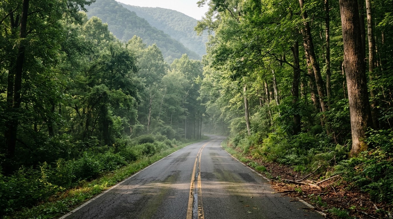 Shaded two-lane forest road winding through the George Washington National Forest in Fort Valley, Virginia