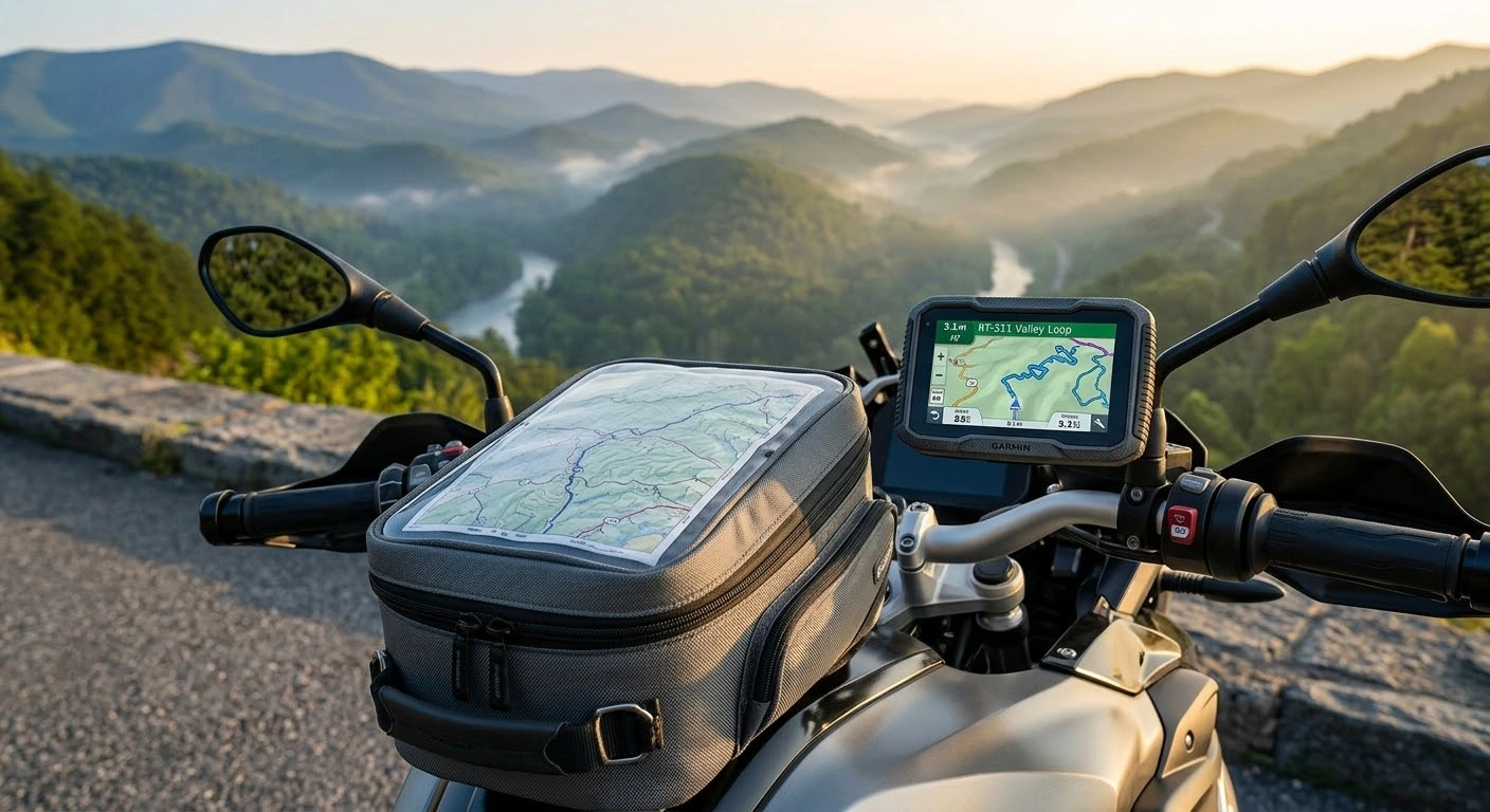 GPS vs paper maps for motorcycle touring digital reliability vs backcountry backup showing a handlebar GPS and paper map on a tank bag.