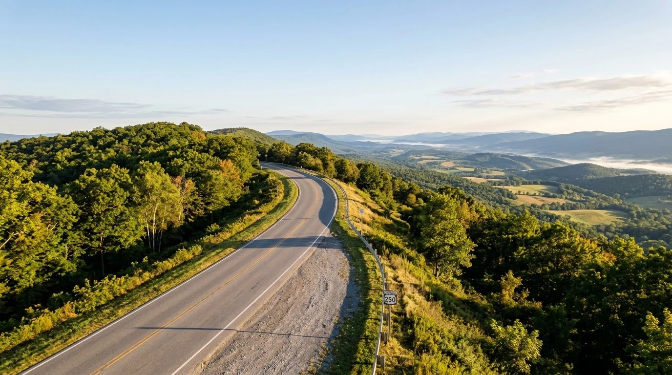 Highland County Maple and Mountain loop guide showing a high-altitude scenic highway curving through mountain forests in Virginia.