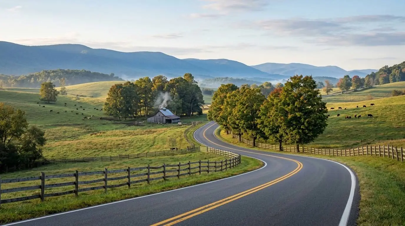 Highland County Maple and Mountain Loop guide showing a scenic alpine road near Monterey in Virginia.