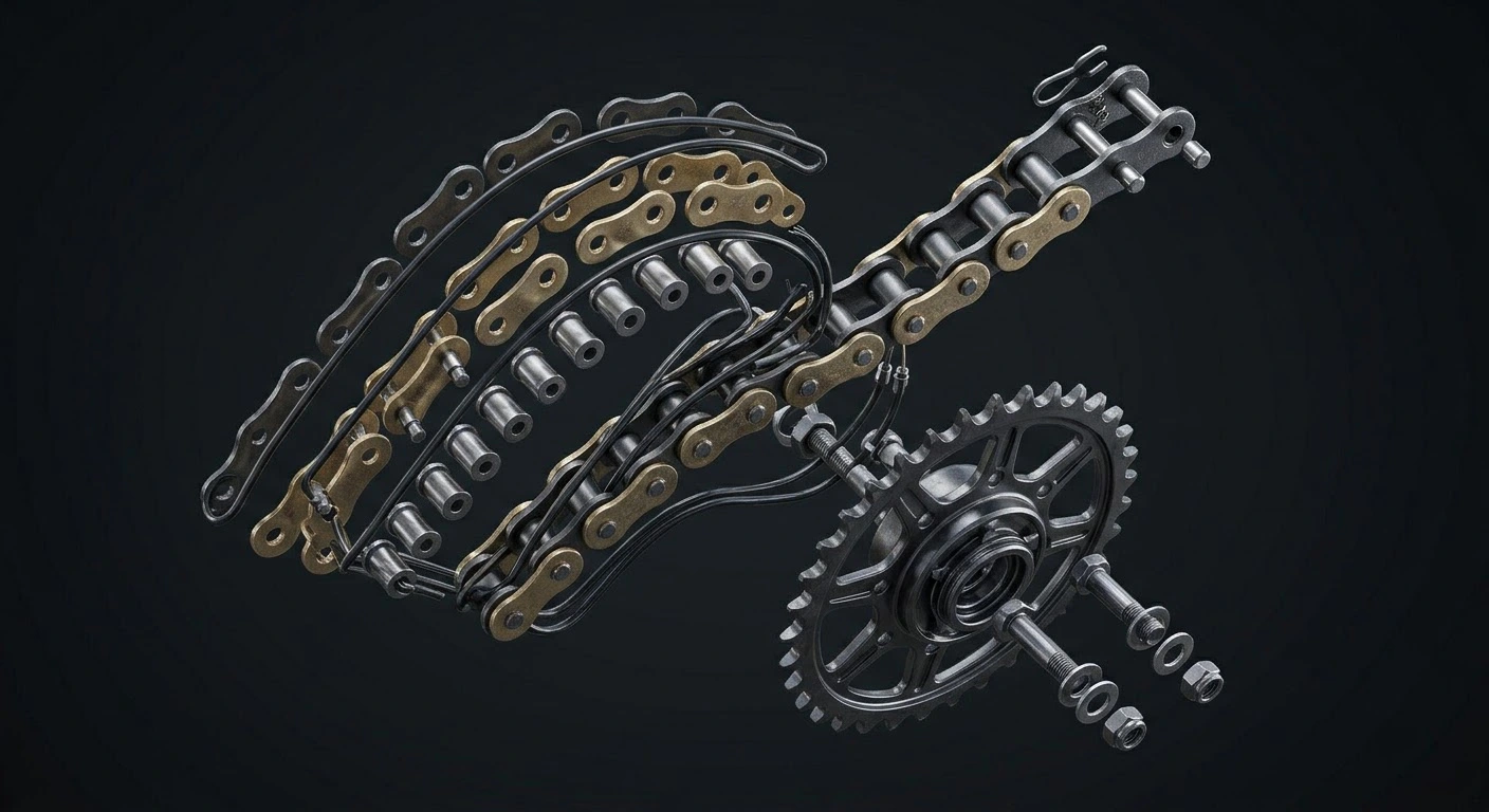 How to clean adjust and lube your motorcycle drive chain on long road trips showing an exploded technical diagram of chain rollers and O-rings.