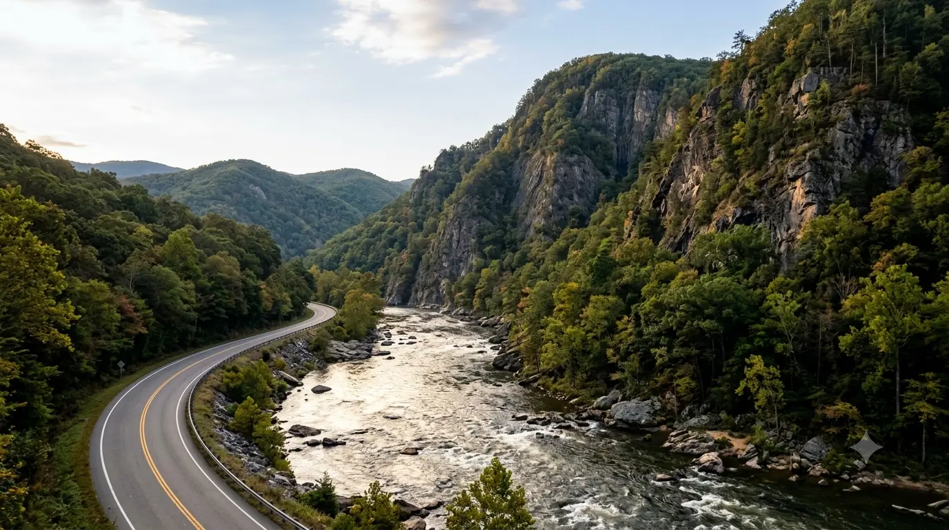 James River Gorge motorcycle ride guide showing US Route 501 curving alongside the river and mountain bluffs in Virginia.