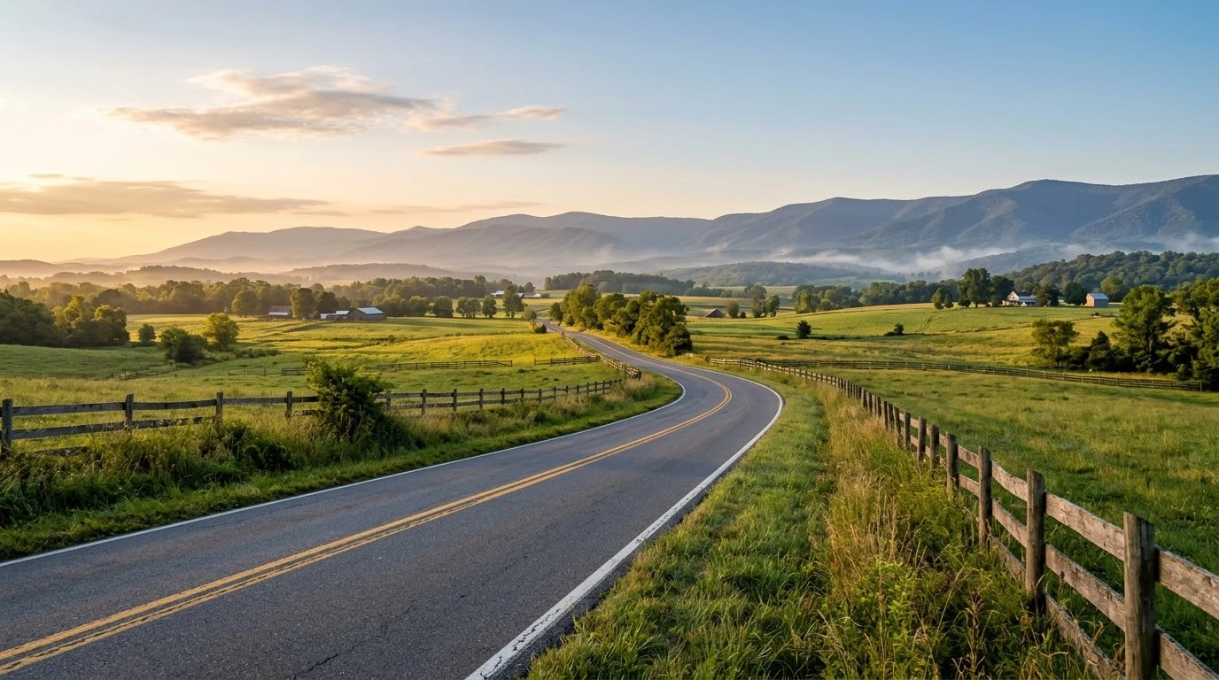 Luray and Page County motorcycle ride guide showing a rural valley road with Blue Ridge Mountain views in Virginia.
