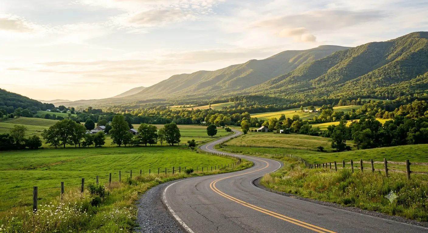 Luray and Page County motorcycle ride guide showing a scenic rural highway winding through the Shenandoah valley near Luray Virginia.