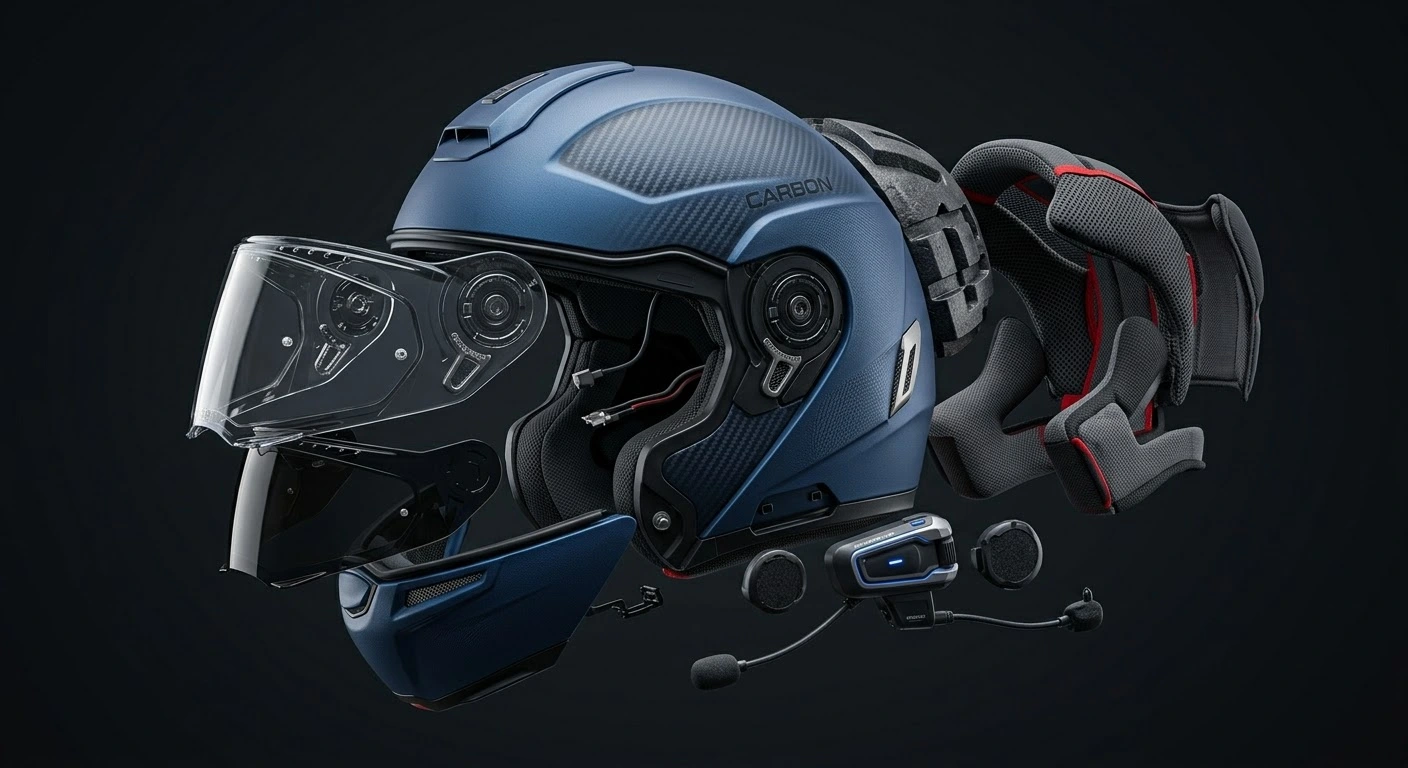 Modular vs full-face helmets for mountain touring safety comfort and noise comparison showing an exploded technical diagram of helmet latches and liner.