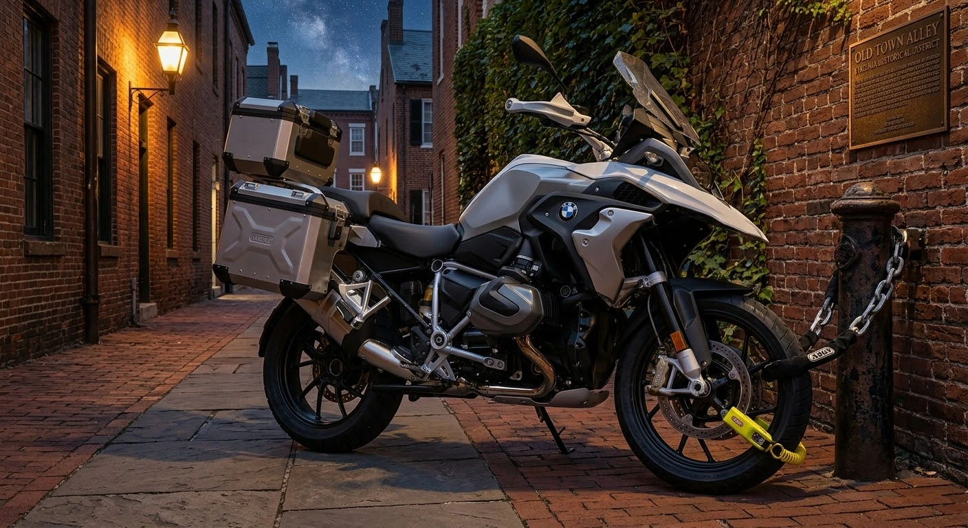 Motorcycle anti-theft guide best security practices for Virginia riders showing a motorcycle secured with a disc lock and heavy chain.