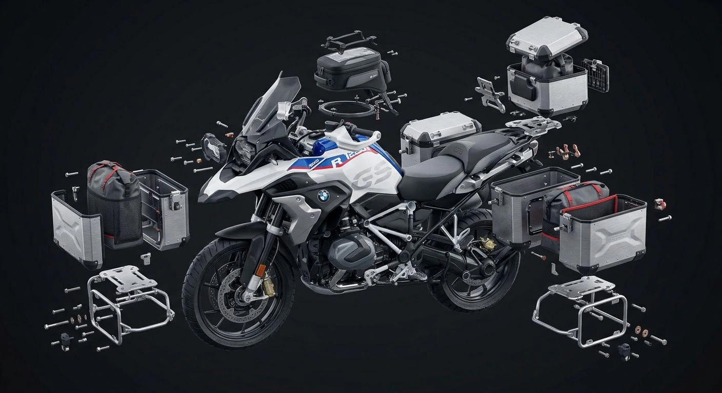 Motorcycle luggage packing and weight distribution for mountain stability showing an exploded technical diagram of panniers and mounting racks.
