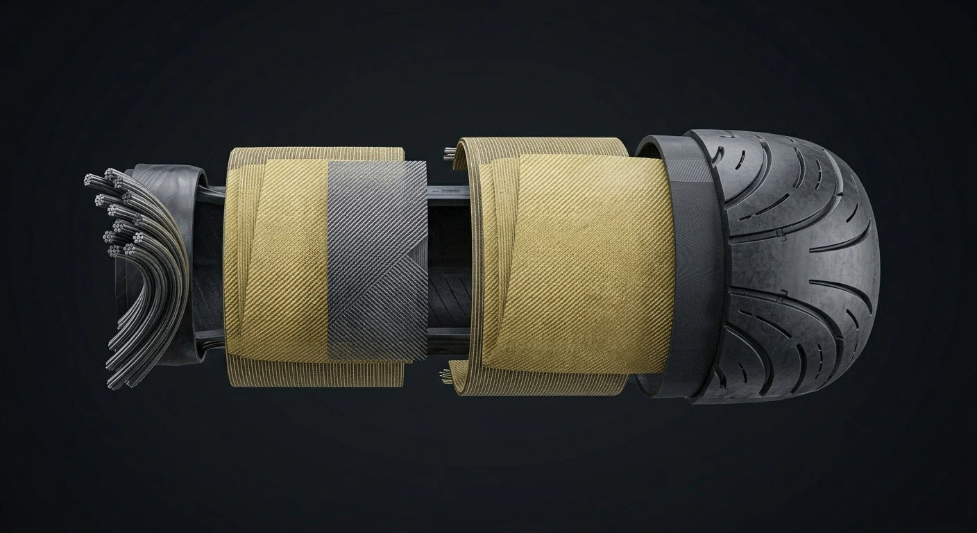 Motorcycle tire pressure and tread maintenance for mountain curves and slick asphalt showing an exploded technical diagram of tire belts and siping grooves.