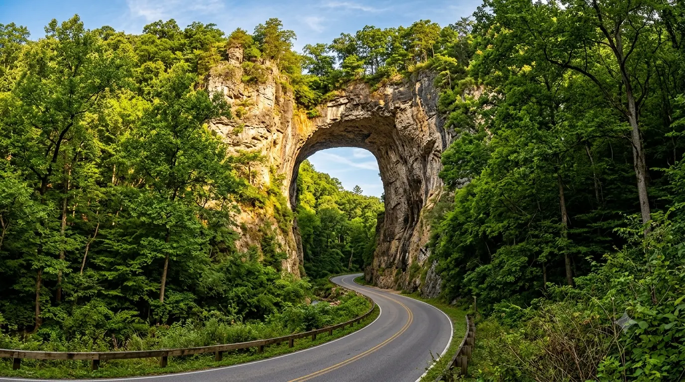 Natural Bridge and Rockbridge County motorcycle loop guide showing a winding road passing under the natural bridge geological arch in Virginia.