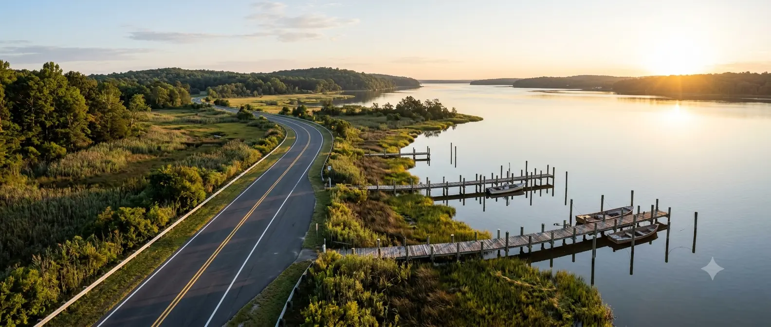 Northern Neck motorcycle coastal loop guide showing a scenic highway curving alongside tidewater rivers in Virginia.