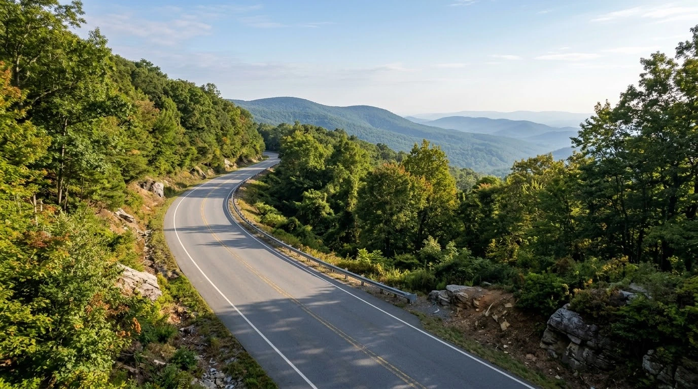Route 211 Thornton Gap motorcycle guide showing a smooth dual-lane mountain pass climbing through Blue Ridge forests in Virginia.