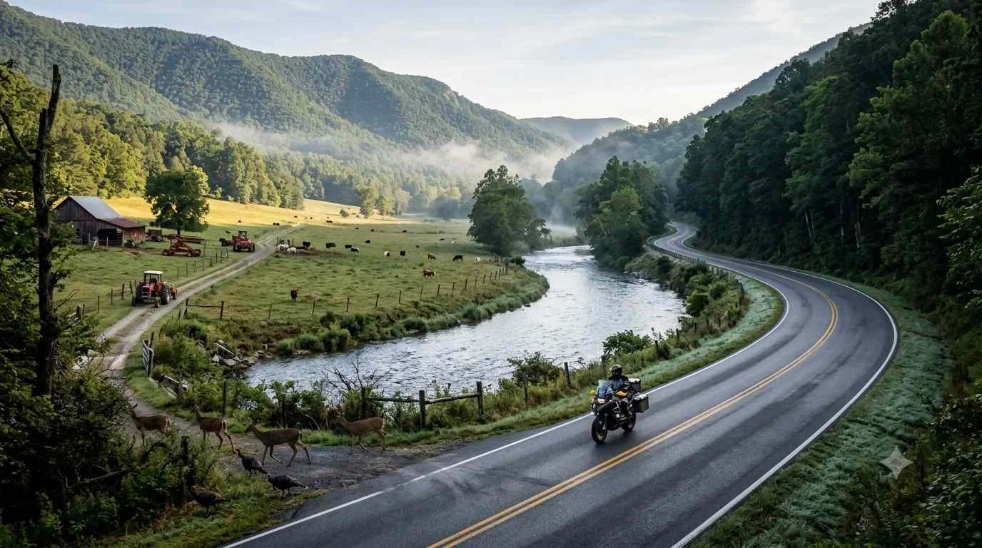 Route 220 Highland to Bath Counties motorcycle guide showing a scenic highway along the Jackson River valley in Virginia.