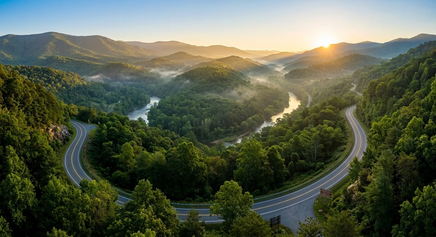 Route 220 motorcycle guide to Virginia's scenic mountain ride showing a smooth curving mountain highway in early morning light.