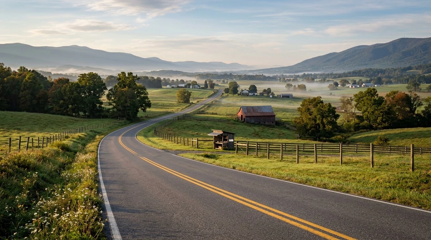 Route 250 Waynesboro to Staunton motorcycle guide showing a scenic rolling highway through Augusta County farmland in Virginia.