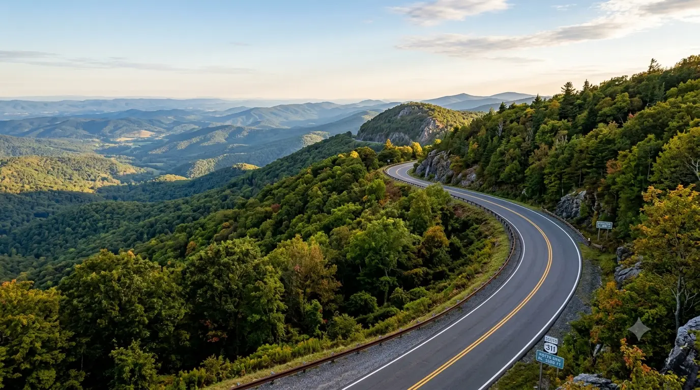 Route 311 Potts Mountain motorcycle guide showing a scenic mountain highway sweeping through Virginia forests.