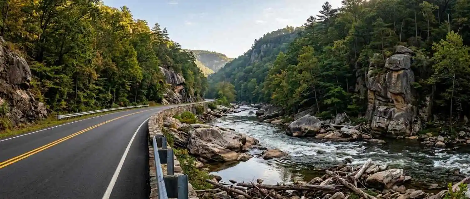 Route 39 Goshen Pass motorcycle ride guide showing a scenic road beside the Maury River in Virginia.