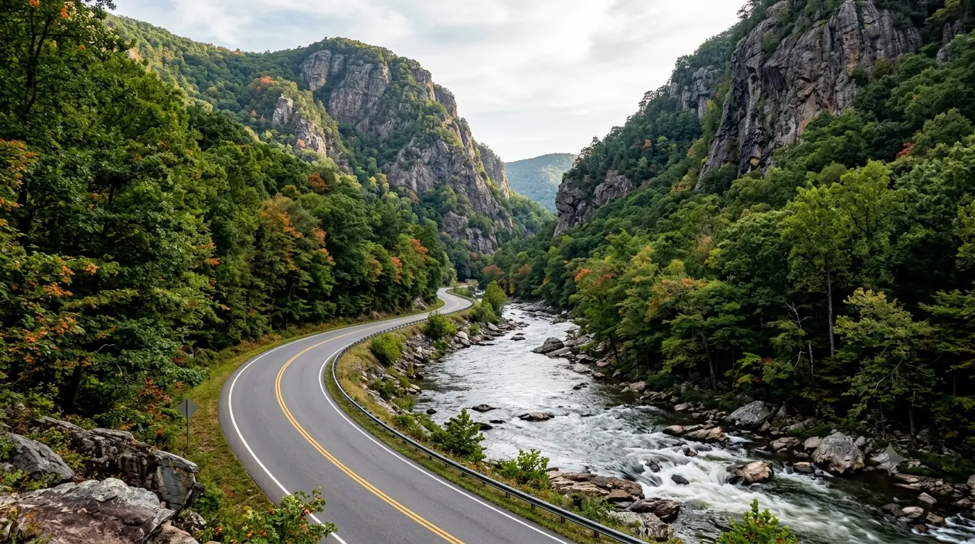 Route 39 Goshen Pass motorcycle ride guide showing a scenic highway curving beside the Maury River gorge in Virginia.