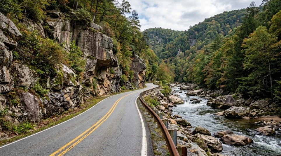 Route 39 Virginia Highlands motorcycle guide showing a scenic winding road through Goshen Pass in Rockbridge County.