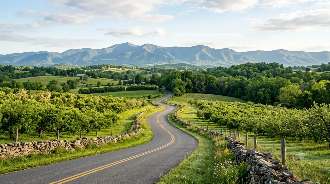 Route 606 Rappahannock County backroads guide showing a narrow country lane winding through Virginia foothills.