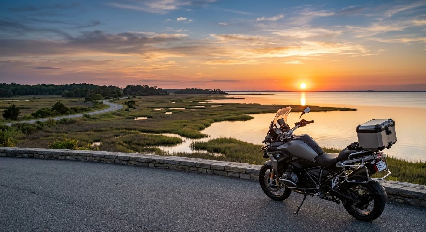 Scenic coastal motorcycle routes in Eastern Virginia showing a touring motorcycle parked along a Tidewater salt-marsh at sunset.