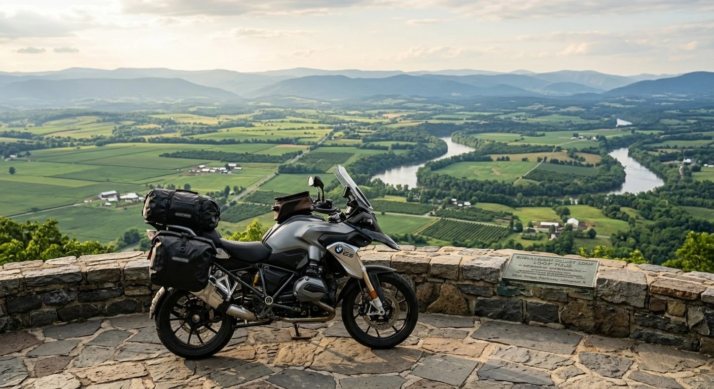 Shenandoah Valley motorcycle loop scenic waypoints and stops featuring a touring motorcycle parked at a valley mountain overlook.