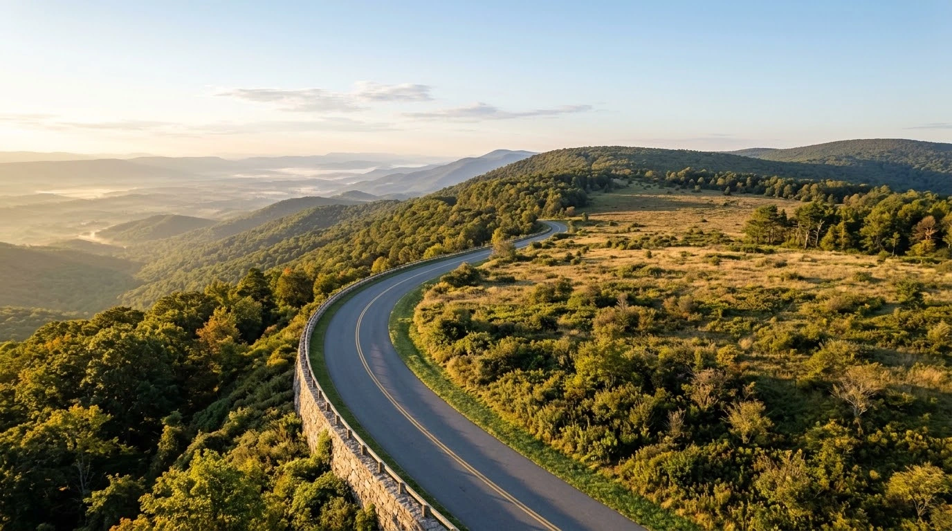 Skyline Drive Central Section motorcycle guide showing high mountain ridges near Big Meadows in Shenandoah National Park Virginia.