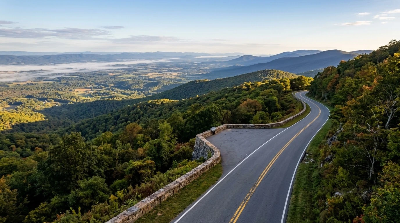 Skyline Drive Northern Section motorcycle guide showing the scenic two-lane parkway along the Blue Ridge Mountains in Shenandoah National Park.
