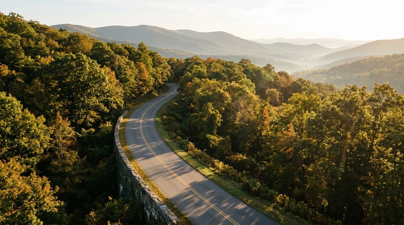 Skyline Drive Southern Section motorcycle guide showing the quiet two-lane parkway approaching Rockfish Gap in Virginia.
