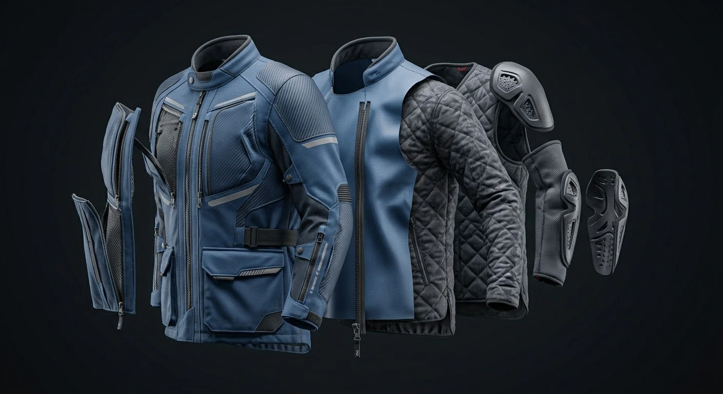 Textile vs leather motorcycle jackets for Virginia variable climate showing an exploded technical diagram of textile layers and CE armor.
