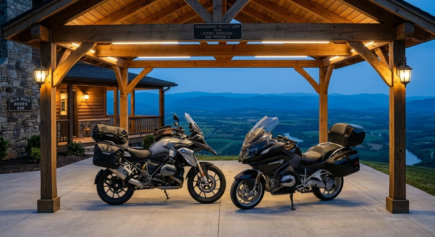 Top motorcycle friendly hotels and B&Bs in Virginia showing touring motorcycles parked under a covered carport at a mountain inn.