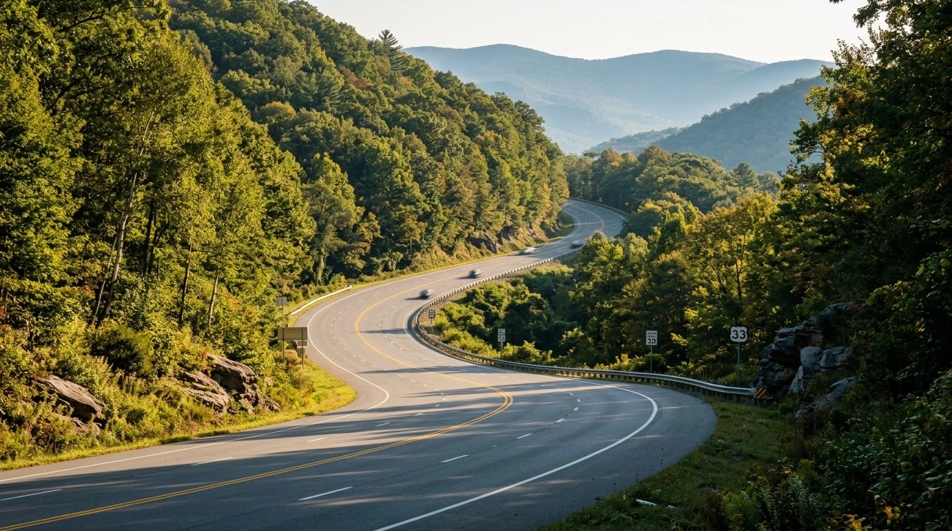 US Route 33 Swift Run Gap motorcycle guide showing wide multi-lane mountain sweeps in central Virginia.