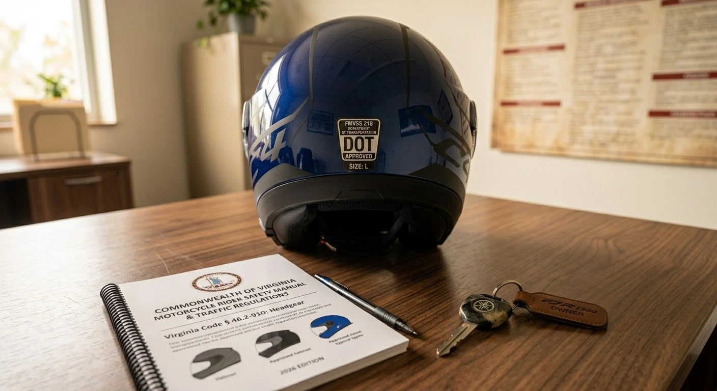 Virginia motorcycle laws 2026 helmets lane splitting and regulations showing a DOT approved helmet and state law booklet.