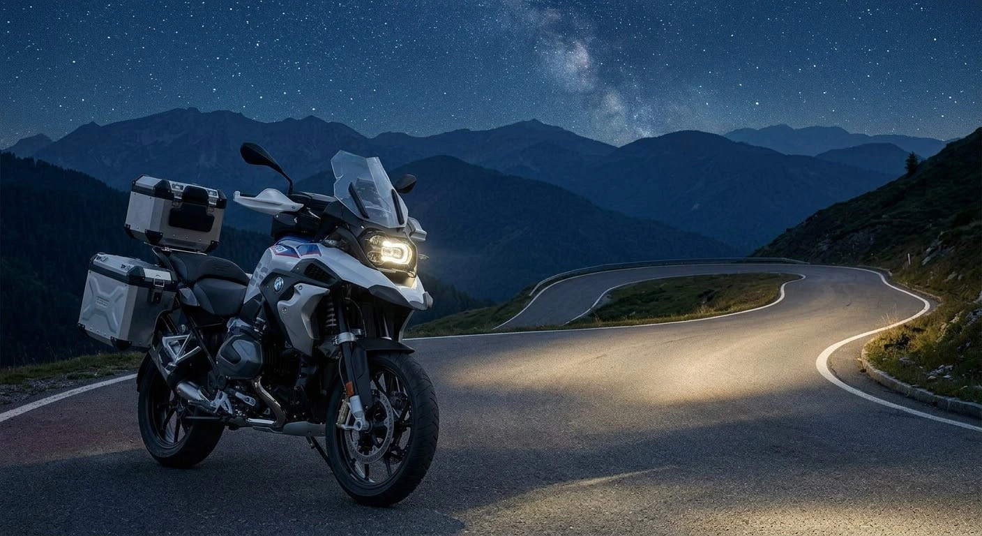 Cruiser motorcycle headlight illuminating a winding mountain road at night under a starlit sky in Virginia