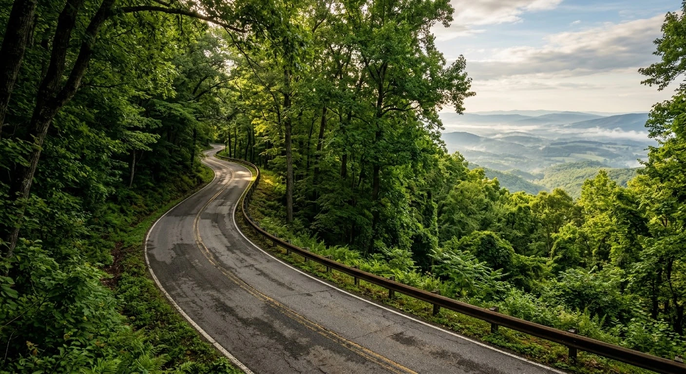 Wintergreen to Nellysford motorcycle backroads guide showing a scenic curving mountain road on Route 664 in Virginia.