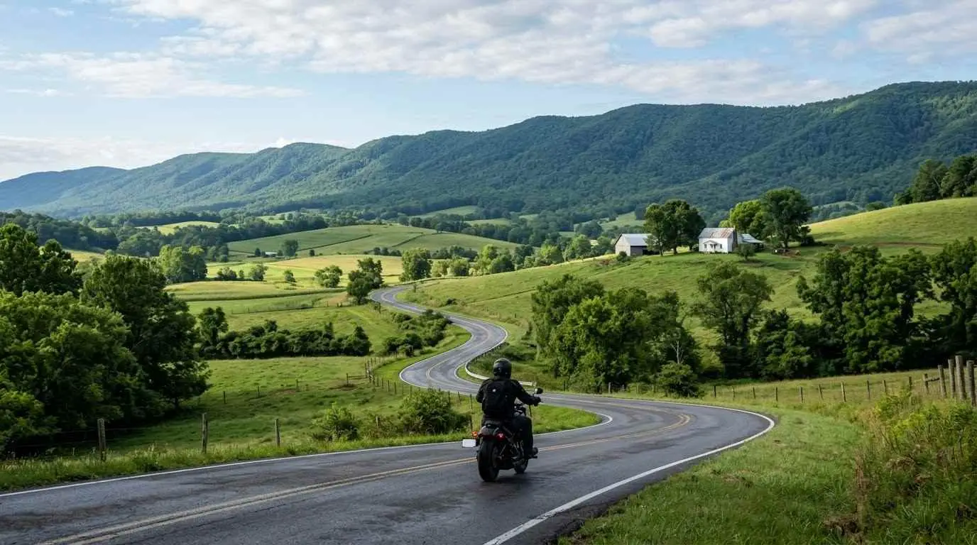 Motorcycle rider on a winding two-lane road near Abingdon in Washington County, Virginia with green hills ahead.