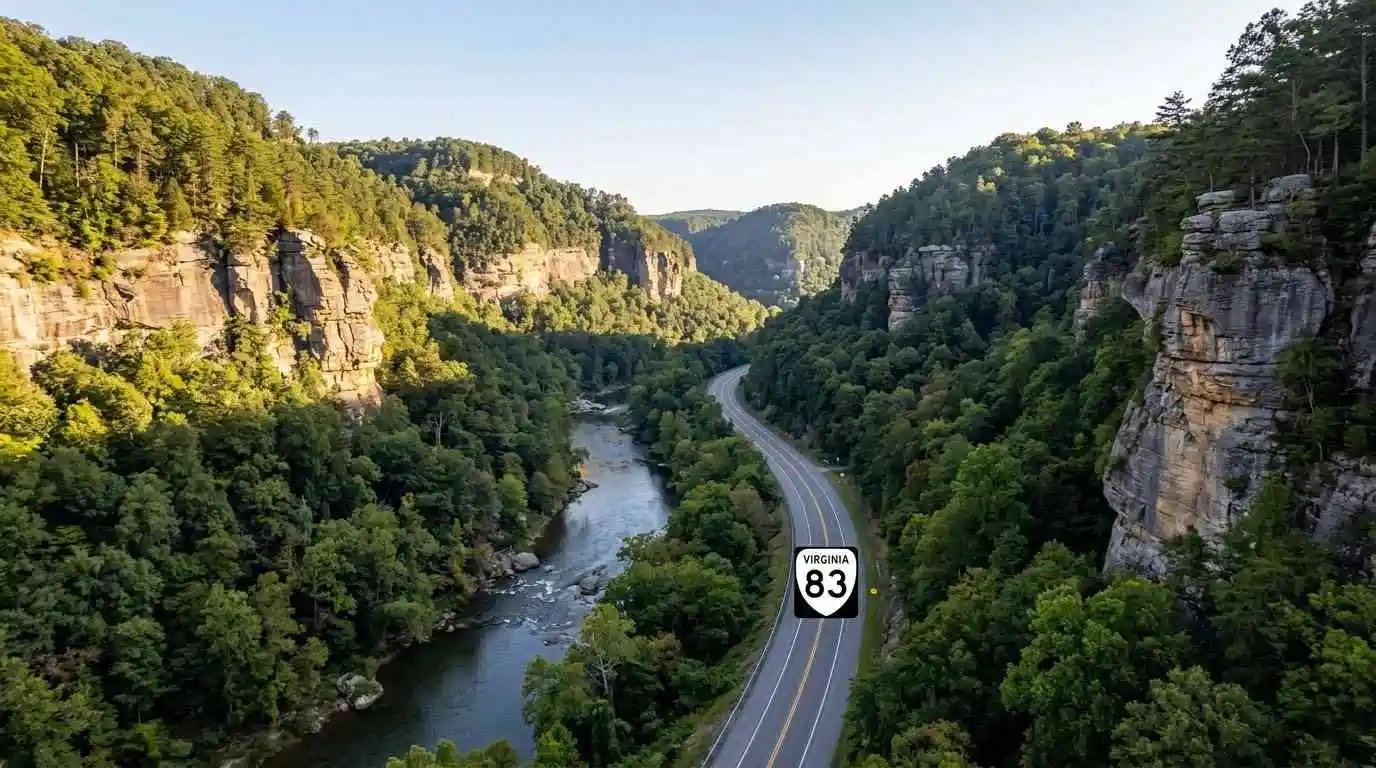Breaks Roaring Plains and Route 83 motorcycle guide showing a scenic canyon road near Breaks Interstate Park in Virginia.